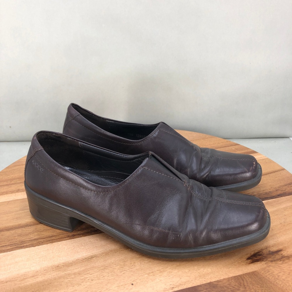 Ecco Lite Brown Leather Slip On Loafers Block Heel Comfort Shoes Size 41 / 10